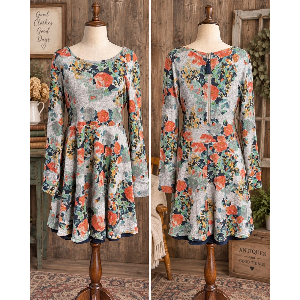 Saturday Sunday Anthropologie Floral French Terry Dress Gray Orange Large L Boho